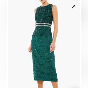 NEW NWT Mac Duggal Green Sleeveless High Neck Beaded Midi Sheath Dress